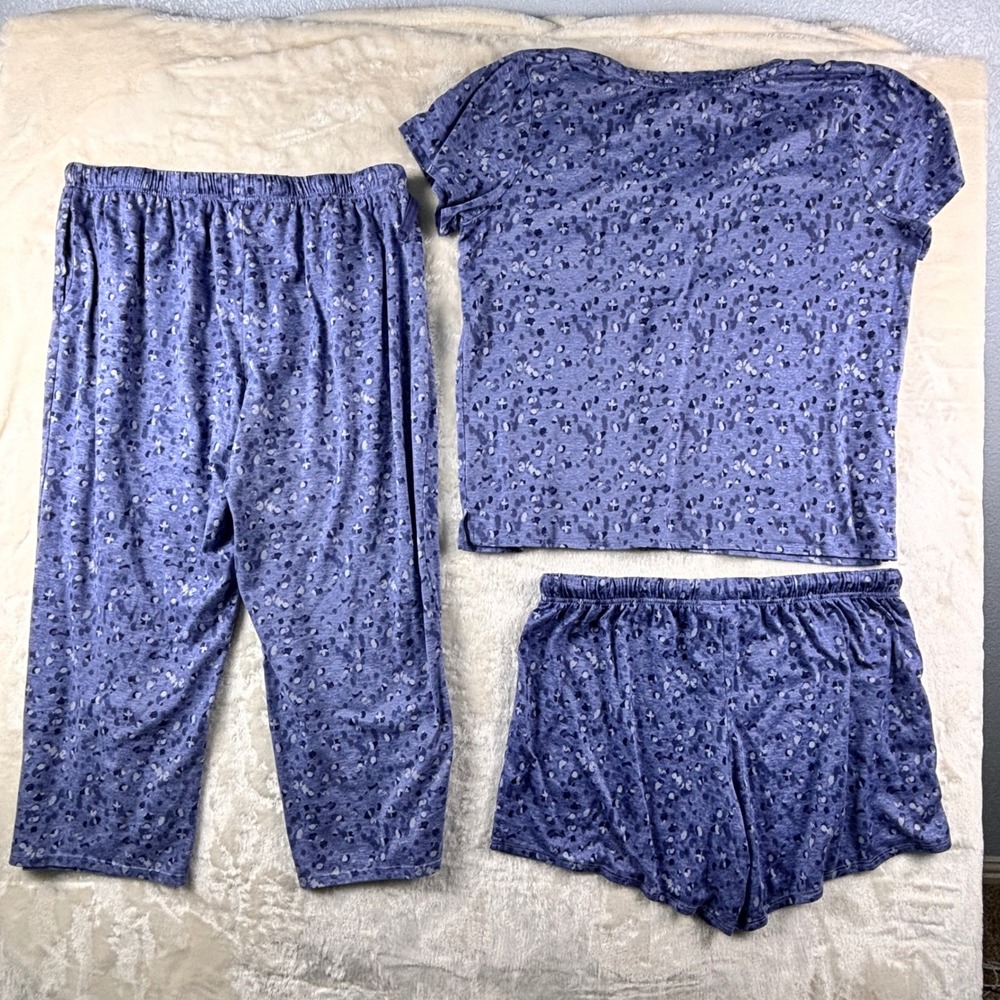 Lucky Brand Womens Pajama Set L Blue 3 Piece Floral Top Shorts Pants Loungewear‎